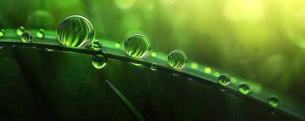Fototapeta premium Close up macro shot of dew drops on a green leaf with bokeh background. Perfect for nature, freshness, and springtime themes.