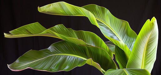 Obraz premium Close up of vibrant green leaves of a Heliconia plant against a black background.