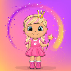 A girl in a pink dress and crown holds a magic wand. Cute cartoon vector illustration on colorful background.