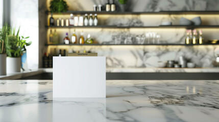Modern Kitchen Interior Featuring Empty Business Card on Marble Countertop in Well-Designed Space