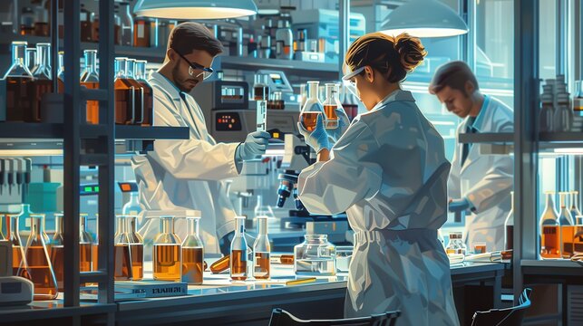 Science and Research Create an image of a laboratory setting with scientists conducting experiments and engaging in research activities stylize 250 ar 169 v 6