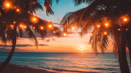 Tropical sandy beach with palm trees decorated with glowing garlands