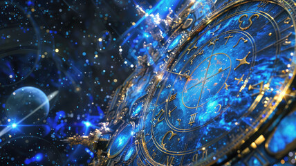 Fantasy space with Zodiac signs, planet and stars, view of Astrological wheel against dark blue sky. Concept of astrology, art, design, horoscope, clock, background