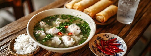 A bowl of fish soup with white meat, spring rolls and rice on the side in Vietnam. The table is made from bamboo. A plate containing red chili peppers sits next to it