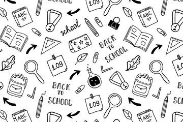Back to school pattern, seamless background with pipes, study items on a white background, linear black and white hand drawing with school supplies