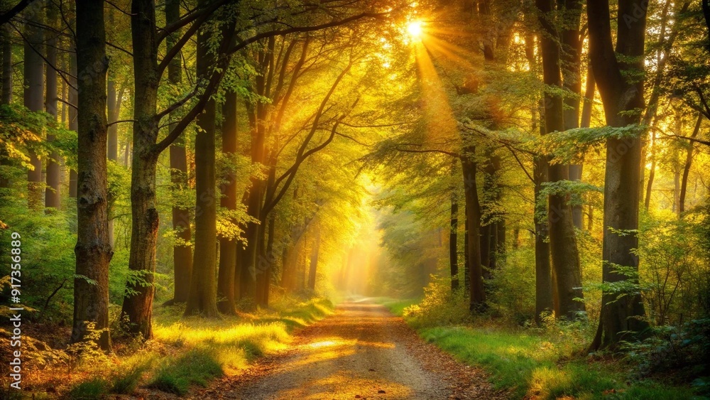 Poster serene forest path illuminated by golden sunlight generative ai