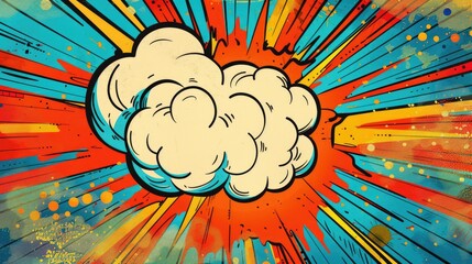 A colorful comic book explosion with a white speech bubble in the center.  The background is a radial pattern of red, blue, yellow and orange with white stars.