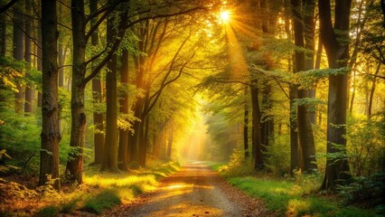 Obraz premium Serene Forest Path Illuminated by Golden Sunlight generative AI
