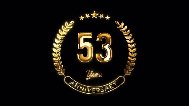 53rd Anniversary Celebration. Happy 53 Years Anniversary Animation in Gold Color on the Transparent Background, Alpha Channel. Great for greetings, celebrations, events, and gifts.