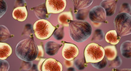 Halves and whole purple figs levitate on a green background
