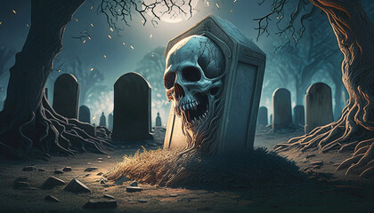 Illustration of a cemetery at night with a skull, image for Halloween party advertising and posters