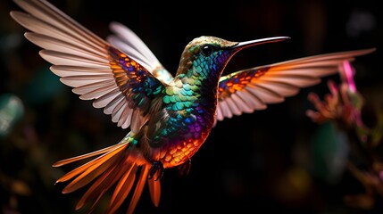 Obraz premium A colorful hummingbird soaring through the darkness.