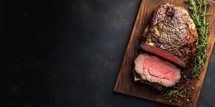 Grassfed Prime Rib Roast with Fresh Herbs on Rustic Wood Board