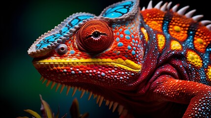 Obraz premium A brilliantly colored lizard contrasted with a solid black background.