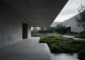 A cinematic shot of a modern concrete building with a minimalist garden, emphasizing the contrast between the natural and built environments