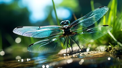 Naklejka premium A dragonfly sits gracefully on the water, with a backdrop of green grass.