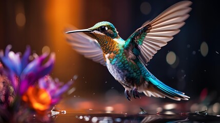 Obraz premium A hummingbird flits above a peaceful pond, with blooming flowers nearby.