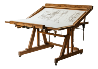 Drafting table with architectural blueprints in a bright studio during daylight, cut out - stock png.