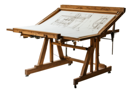 Drafting table with architectural blueprints in a bright studio during daylight, cut out - stock png.