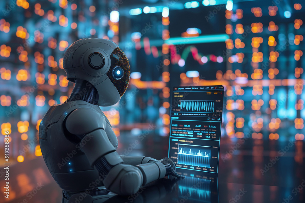 Poster a robot is standing in front of a computer screen at stock market