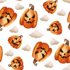 Watercolor pumpkin and clouds on a transparent PNG background. Halloween hand drawn seamless pattern with transparent background. Pattern on a white background with watercolor Halloween elements.