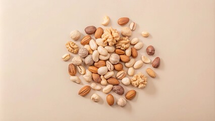 Assorted Nuts and seeds on a beige background - Almond, Pecan, Chestnut, Arachis 