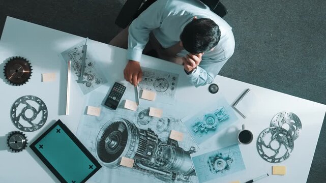 Top view of engineer looking at phone while working on tablet with green screen at meeting table with turbine engine or jet engine sketch design and various metal gear scatter around. Alimentation.