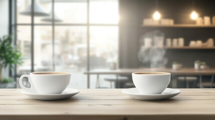 Interior of a Coffee Shop with Steamy Cups on Table