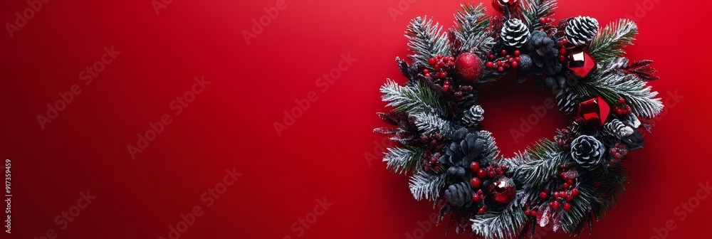 Poster Festive Christmas Wreath on Red Background - A Christmas wreath adorned with pine branches, red berries, pine cones, and red ornaments against a vibrant red background. This image embodies the spirit 