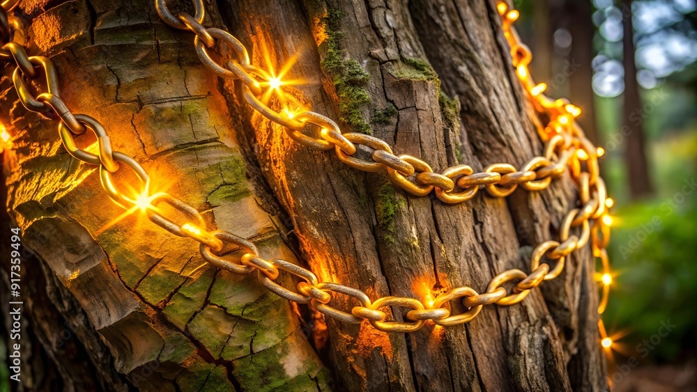 Poster glowing golden chain wrapped around a weathered tree trunk generative ai