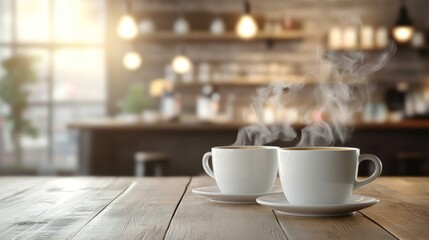 Fototapeta premium Interior of a Coffee Shop with Steamy Cups on Table