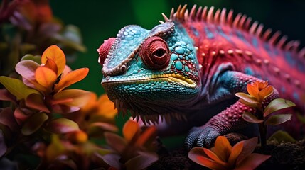 Fototapeta premium A colorful lizard sits gracefully on a branch, displaying its striking patterns.