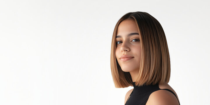 portrait of a hispanic woman with shoulder-length, straight, light brown hair that falls neatly around her face, white background, professional beauty photography for hair product or salon