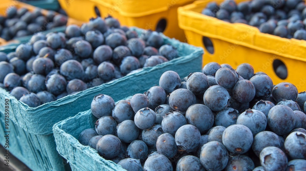 Wall mural Fresh Blueberries in Market Baskets - Blueberries piled high in market baskets, symbolizing freshness, healthy eating, summer harvest, and the beauty of nature.