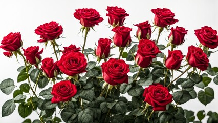 Lots of red roses in full bloom on a white background.