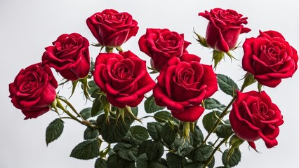 Fototapeta premium Lots of red roses in full bloom on a white background.