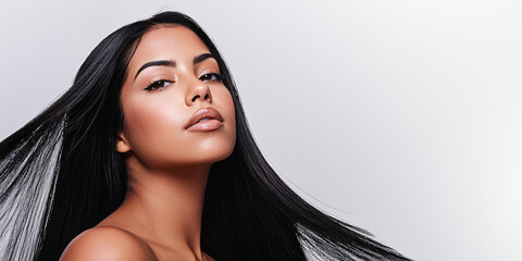 beautiful hispanic woman with long, sleek, straight black hair cascading over her shoulders against a white studio background, professional beauty photography for hair product or salon