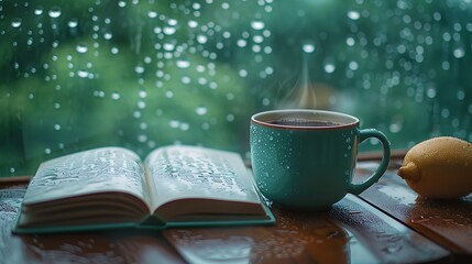 Fototapeta premium A cozy scene of a vintage coffee cup and an open book on a table, with raindrops trickling down the view outside the window, capturing the essence of a quiet and nostalgic moment, natural light,
