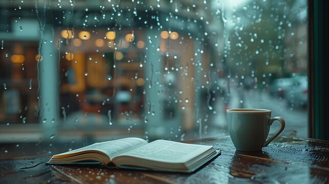 A cozy scene of a vintage coffee cup and an open book on a table, with rain softly blurring the view outside the window, capturing the essence of a quiet and nostalgic moment, natural light,