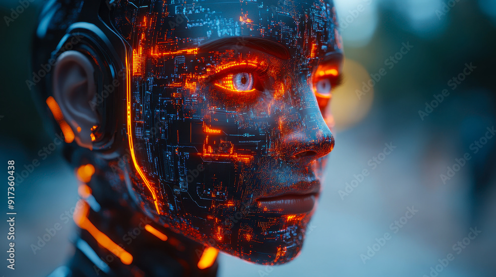Poster futuristic cybernetic male android with neon circuitry illustrating advanced artificial intelligence
