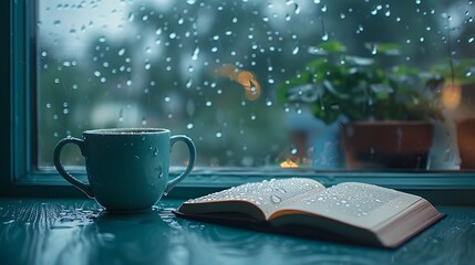 A cozy setup of a coffee cup and an open book on a table, with soft raindrops on the window in the background, emphasizing the serene and tranquil feel of a rainy day, using a wide-angle lens,