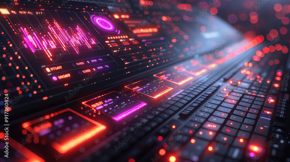 Poster futuristic digital software development interface with glowing code panels and graphs on keyboard at