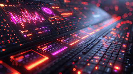 Fototapeta premium Futuristic Digital Software Development Interface with Glowing Code Panels and Graphs on Keyboard at Night