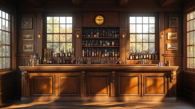 Quaint British Style Pub Interior with Wooden Paneling and Fully Stocked Bar in Afternoon Light, Ideal for Heritage and Traditional Setting Concepts