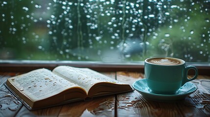 A detailed shot of a coffee cup and an open book on a wooden table, with rain softly hitting the window in the background, perfect for a cozy reading session, natural light, soft focus.