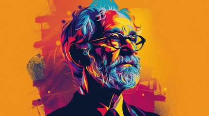 A colorful portrait of a man with glasses and a beard. The background is a vibrant orange with abstract shapes.