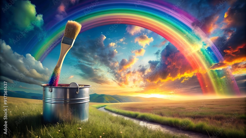 Poster vibrant brushstrokes and a paint bucket overflowing with color in a dreamlike setting ai generated