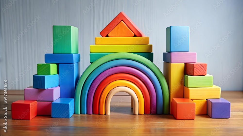Poster rainbow stacking blocks: a colorful journey through geometric shapes ai generated