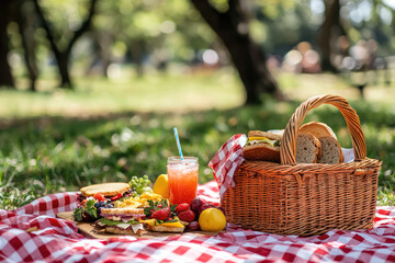 Savor summer with a picturesque picnic featuring savory sandwiches, fresh fruit, and a refreshing beverage on a sunny day in the park with loved ones.
