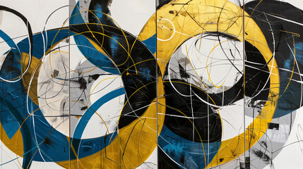 A set of paintings showcasing interconnected circular shapes with abstract lines in black, gold, white, and blue , a set of paintings interconnected by abstract lines of black, gol